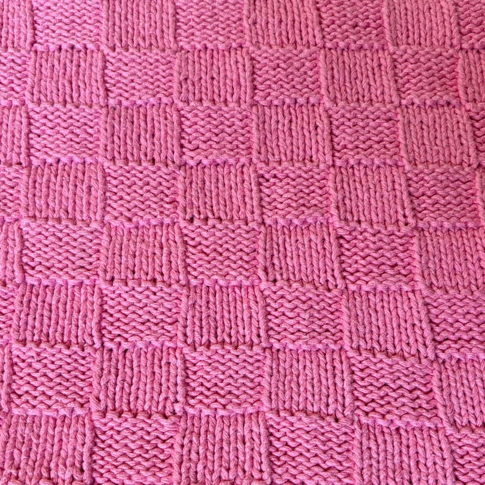 Hand Knitted Needle Handmade Pink Baby Blanket Square 37x37in 100% Cotton